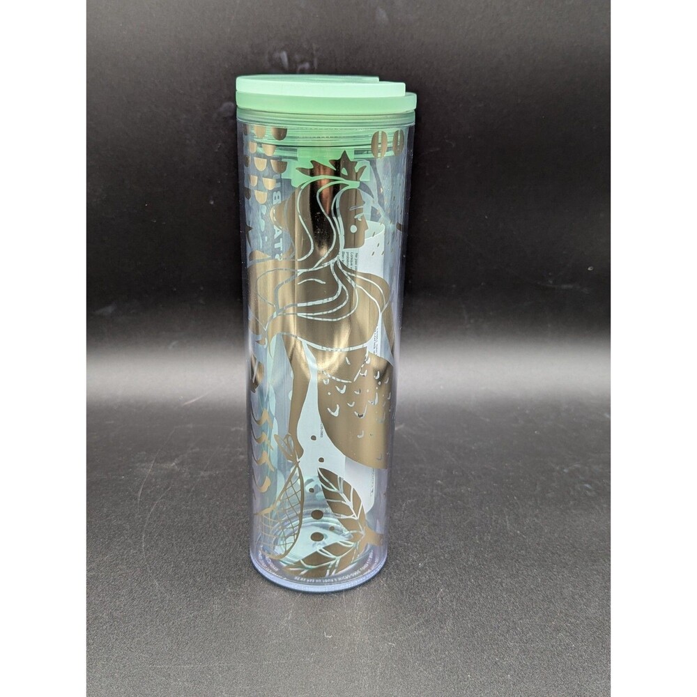 Starbucks 2020 Gold Mermaid Siren Clear Plastic Tumbler with Mint Lid 16 oz NWT